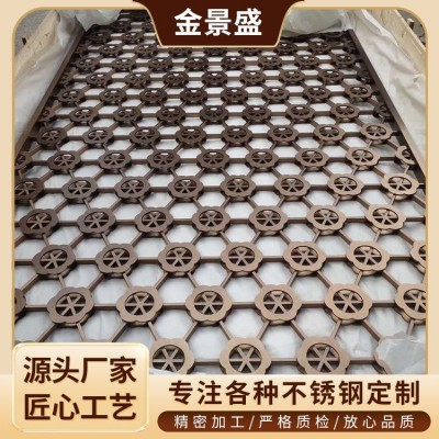 304不锈钢屏风装饰 拉丝黄钛金中式现代简约镂空格栅隔断装饰