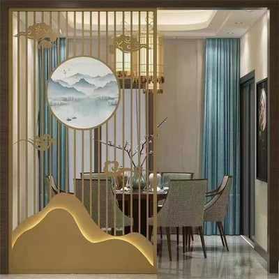 不锈钢屏风隔断墙轻奢金属客厅简约现代玄关中式花格装饰镂空图2