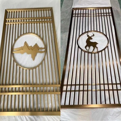 不锈钢屏风玄关餐厅屏风雕花花格镂空屏风新中式玫瑰金不锈钢屏风图2