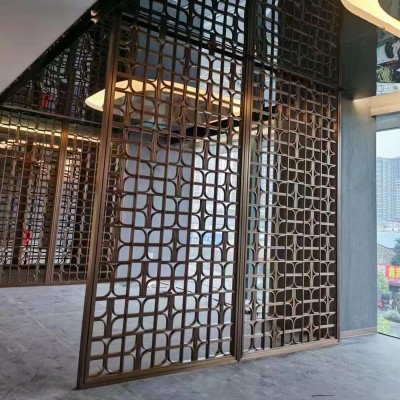 新中式客厅餐厅隔断铁艺不锈钢屏风酒店大堂背景镂空格栅玄关图3