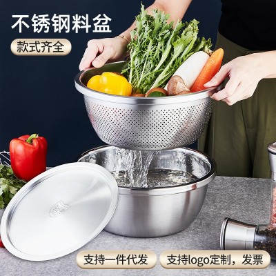 304不锈钢盆批发厨房多用调料缸带盖和面盆打蛋盆家用沥水洗菜盆图3