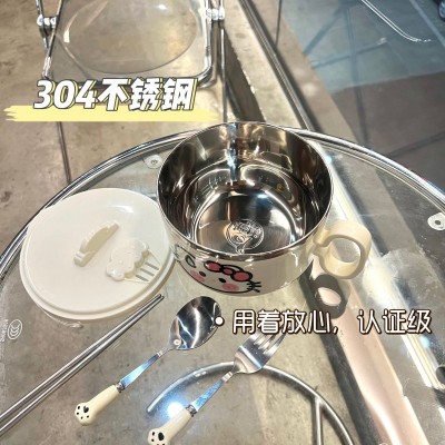 无语猫泡面碗304不锈钢大容量可沥水带盖可爱ins风学生女食堂饭盒图3