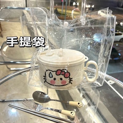 无语猫泡面碗304不锈钢大容量可沥水带盖可爱ins风学生女食堂饭盒图4