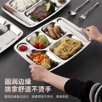 304不锈钢餐盘分格带塑料盖食堂成人分隔饭盘 儿童学生幼儿园餐具图2
