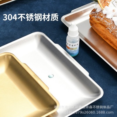 304浅盘韩式不锈钢托盘 方盘平底盘长方形菜盘烧烤盘子商用金色图3