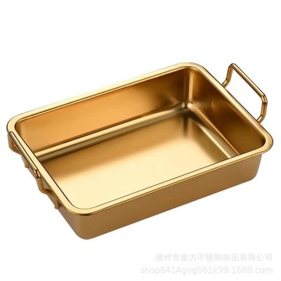 304韩式不锈钢高方盘镀金色烧烤盘小吃盘蘸料户外多用盘双耳托盘图5