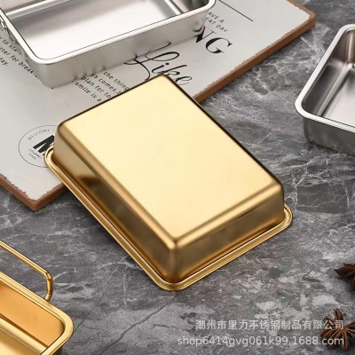 304韩式不锈钢高方盘镀金色烧烤盘小吃盘蘸料户外多用盘双耳托盘图4