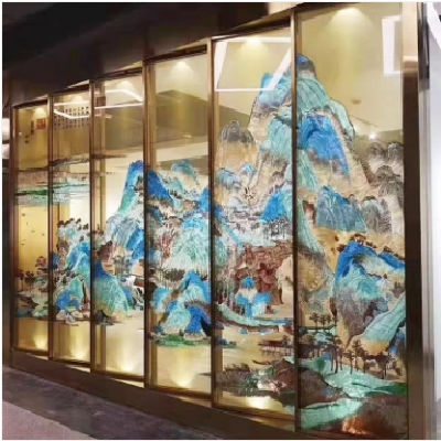 承接装饰工程不锈钢隔断 现代夹丝夹山水画艺术玻璃屏风栅格图1