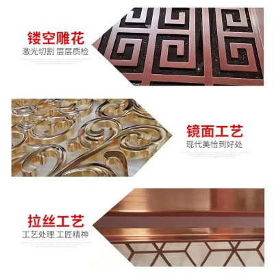 酒店茶楼背景墙不锈钢屏风中式山水画镂空白金屏风夹丝玄关装饰图3