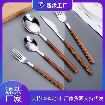 便携410不锈钢餐具仿木柄高颜值西餐牛排刀叉勺五件套礼品批发图1