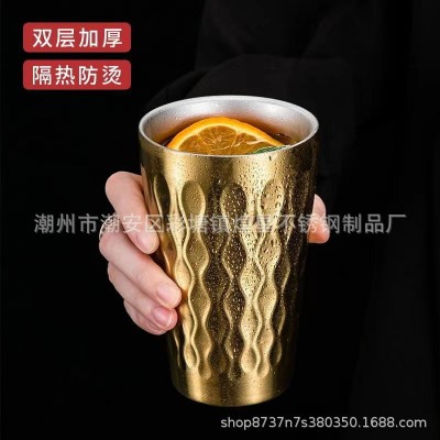 不锈钢304菱纹水杯大容量啤酒杯子加厚双层餐厅茶杯咖啡杯果 汁杯图2