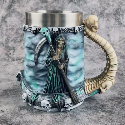 创意欧美死神船骷髅马克杯酒吧啤酒杯大容量不锈钢内胆万圣节水杯