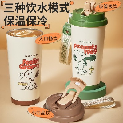 史努比女高颜值保温杯带吸管便携食品级316L双饮水杯办公咖啡杯大图3