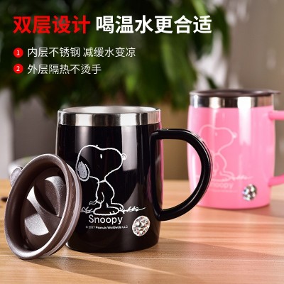 史努比水杯304不锈钢茶杯马克杯带盖创意喝水咖啡办公室家 用杯子图3