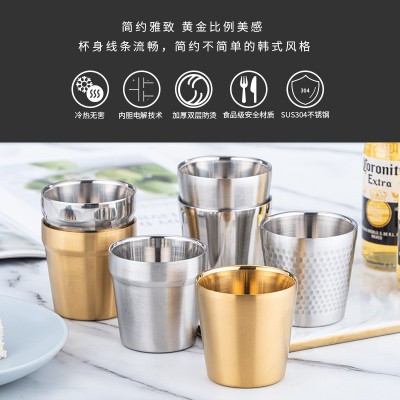 不锈钢杯子双层韩式茶饮料咖啡儿童叠杯餐厅水杯啤酒金色圆杯漱口图2