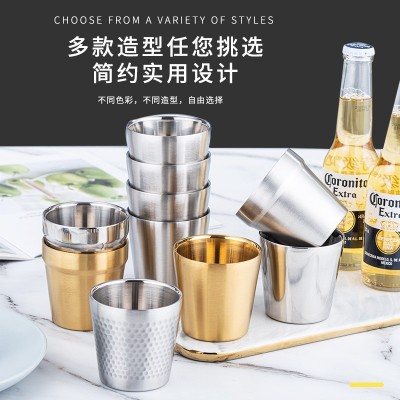 不锈钢杯子双层韩式茶饮料咖啡儿童叠杯餐厅水杯啤酒金色圆杯漱口图3