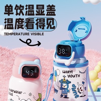 2024新款304不锈钢便携式可显温款布套泡芙保温双饮儿童壶图3