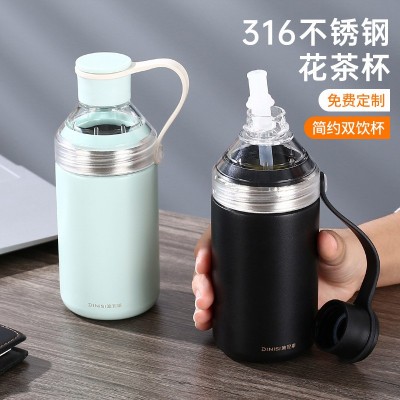 316不锈钢高颜值简约花茶杯便携咖啡保温杯学生双饮吸管杯泡茶杯图3