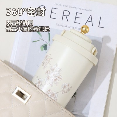 新款316不锈钢咖啡杯铃兰花保温杯高颜值时尚双饮杯礼品水 杯批发图2