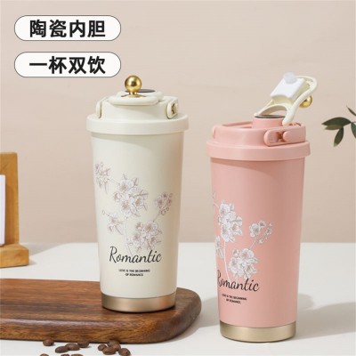 新款316不锈钢咖啡杯铃兰花保温杯高颜值时尚双饮杯礼品水 杯批发图3
