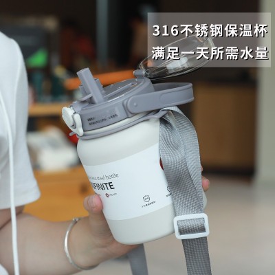 新款双饮保温杯不锈钢水杯便携提手水壶学生水壶可斜挎吸管杯图2