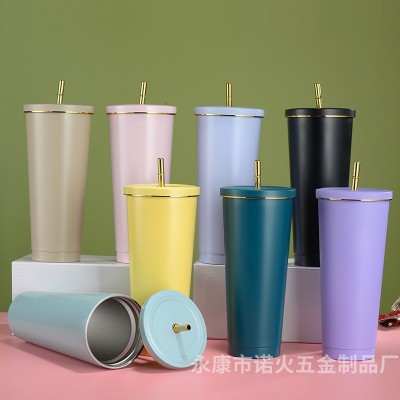 跨境简约不锈钢保温杯便携真空金边吸管杯大容量咖啡杯可印制logo图3