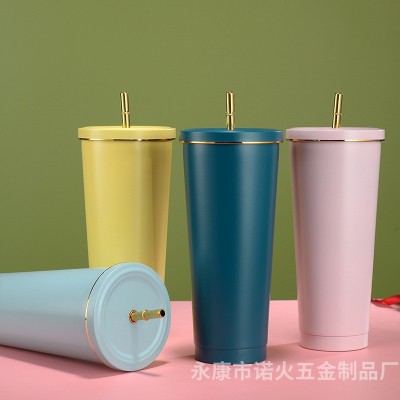 跨境简约不锈钢保温杯便携真空金边吸管杯大容量咖啡杯可印制logo图5