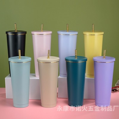 跨境简约不锈钢保温杯便携真空金边吸管杯大容量咖啡杯可印制logo图2