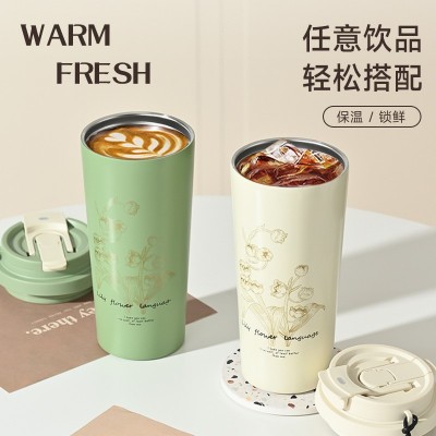 车载铃兰保温咖啡杯304不锈钢双饮保温杯便携大容量双层随行水杯图2