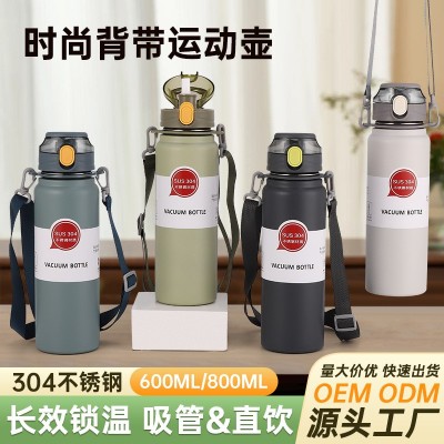 新款健身不锈钢水杯学生运动水杯大容量提绳保温杯弹跳斜跨背带壶图2