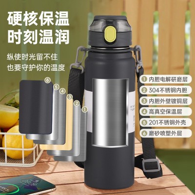 新款健身不锈钢水杯学生运动水杯大容量提绳保温杯弹跳斜跨背带壶图3
