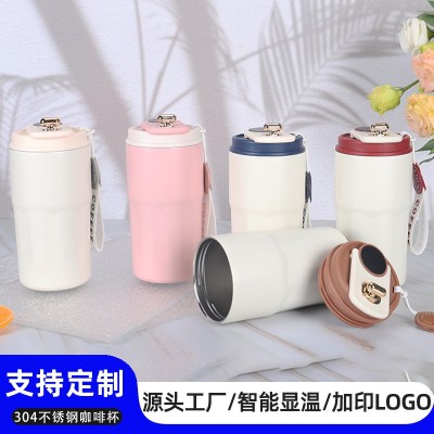 新款316不锈钢提绳咖啡杯车载便携随手杯智能测温保温杯定制logo