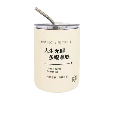 简约美式咖啡杯304不锈钢保温杯家用真空双饮吸管杯便携随手杯图4