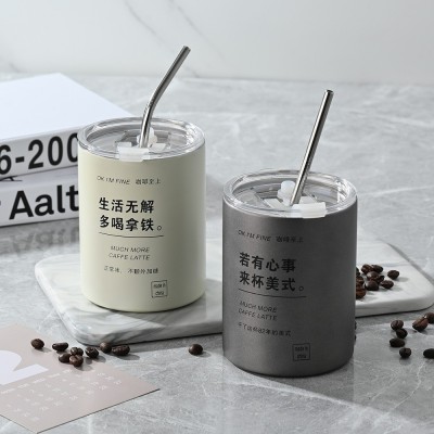简约美式咖啡杯304不锈钢保温杯家用真空双饮吸管杯便携随手杯图2