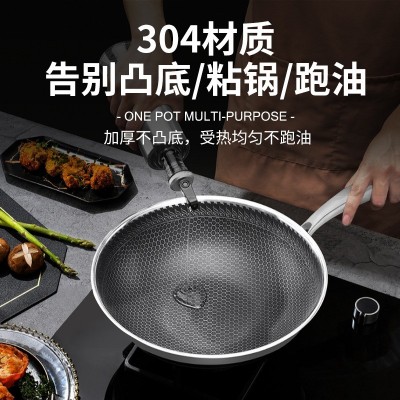 304双面不锈钢蜂窝炒锅三层钢平底家用不粘锅无涂层 礼品锅具批发图2