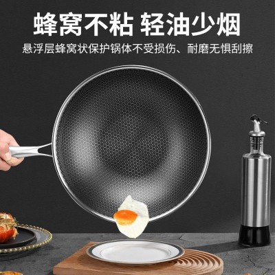 304双面不锈钢蜂窝炒锅三层钢平底家用不粘锅无涂层 礼品锅具批发图4