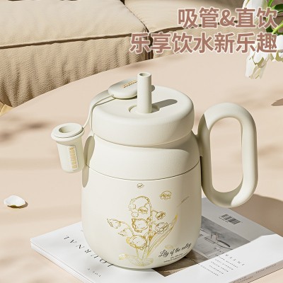 高颜值316不锈钢陶瓷内胆保温杯女生茶水分离泡茶杯子吸 管咖啡杯图2