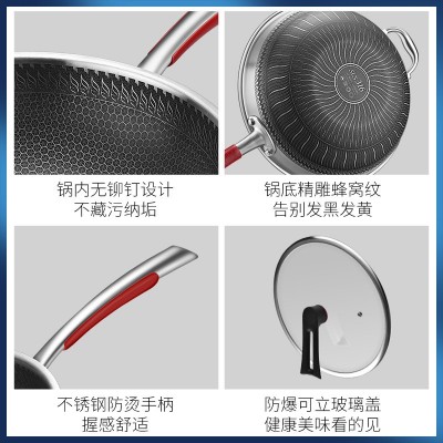 不锈钢炒锅蜂窝不粘锅全屏无涂层平底炒菜锅大勺锅具燃煤气灶通用图4
