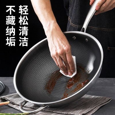 定制不锈钢蜂窝炒锅不粘家用电磁炉无涂层平底炒菜锅礼品炒锅锅具图2