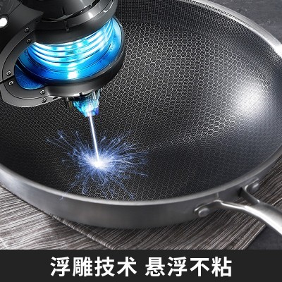 定制不锈钢蜂窝炒锅不粘家用电磁炉无涂层平底炒菜锅礼品炒锅锅具图3