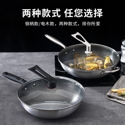 定制不锈钢蜂窝炒锅不粘家用电磁炉无涂层平底炒菜锅礼品炒锅锅具图4