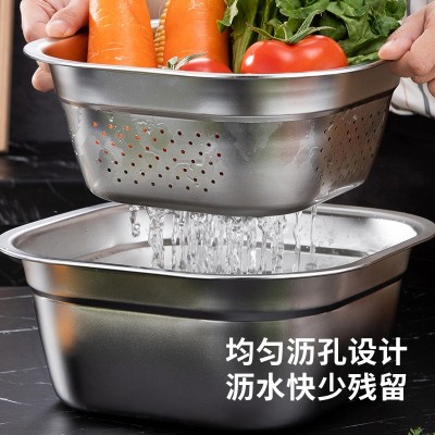 定制方盆不锈钢沥水篮一体家用洗菜盆厨房洗米盆方筛冲孔滤盆批发图3
