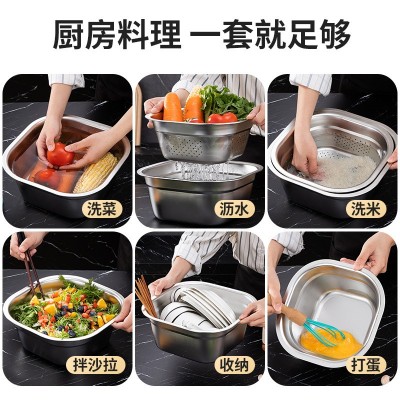 定制方盆不锈钢沥水篮一体家用洗菜盆厨房洗米盆方筛冲孔滤盆批发图4