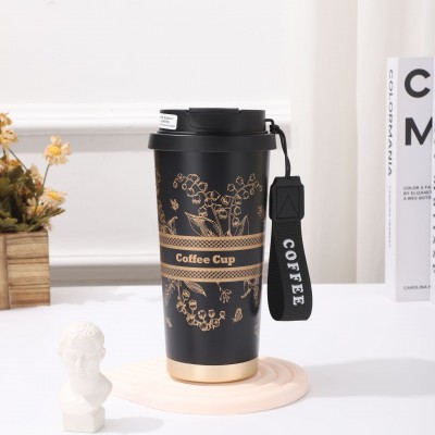 新款铃兰花系列咖啡杯316不锈钢双饮吸管水杯户外便携提绳保温杯图3