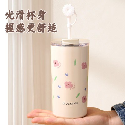 批发不锈钢吸管杯高颜值真空双饮杯保温保冷咖啡杯便携车载白玉杯图2