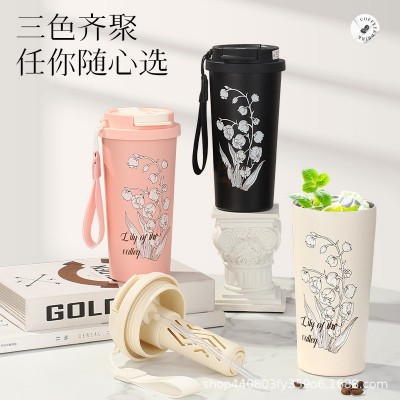 高颜值铃兰花咖啡杯带提绳316不锈钢保温杯高档双饮广告礼品水杯图2