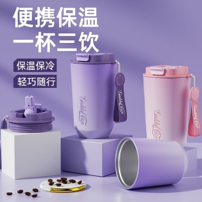 新款304不锈钢保温杯 一杯三饮咖啡杯车载不锈钢吸管礼品杯子批发图3