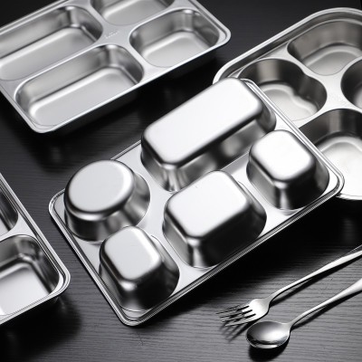 不锈钢304快餐盘带盖长方形五格学生儿童食堂饭盘成人分格盛菜盘图3