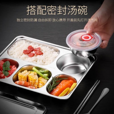定制304不锈钢快餐盘加厚分格中式饭盒供应学校工地食堂带盖饭菜图2