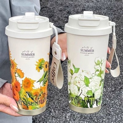 铃兰花咖啡杯高颜值316不锈钢保温杯女便携车载水杯大容量吸管杯